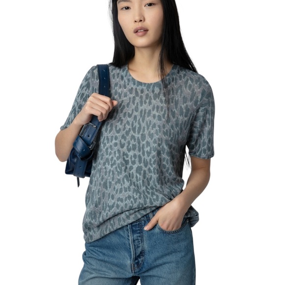 Zadig & Voltaire Ida Feather Cashmere Blue Grey Leopard Print S/S Sweater Tee XS - Picture 1 of 13